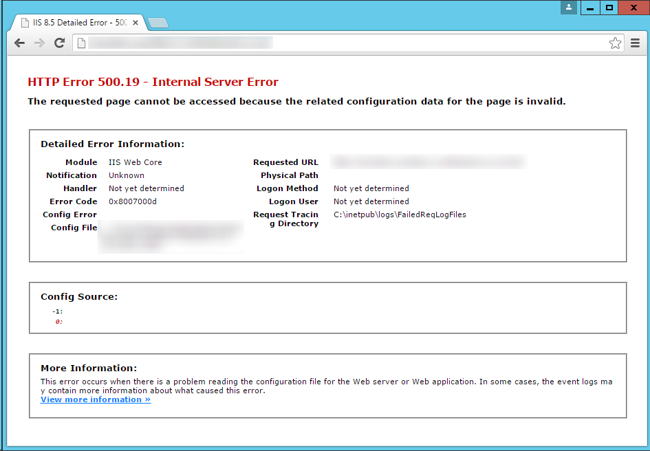 Detailed error message - HTTP Error 500.19 - Internal Server Error - 0x8007000d