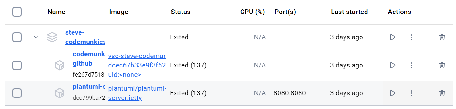 Docker desktop showing the dev container and plantuml container running